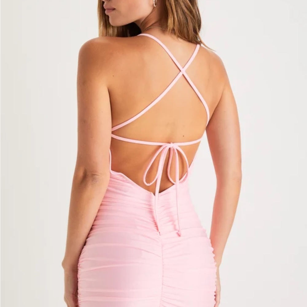 Pink Ruched Bodycon Spaghetti Strap Dress - Picture 4 of 11